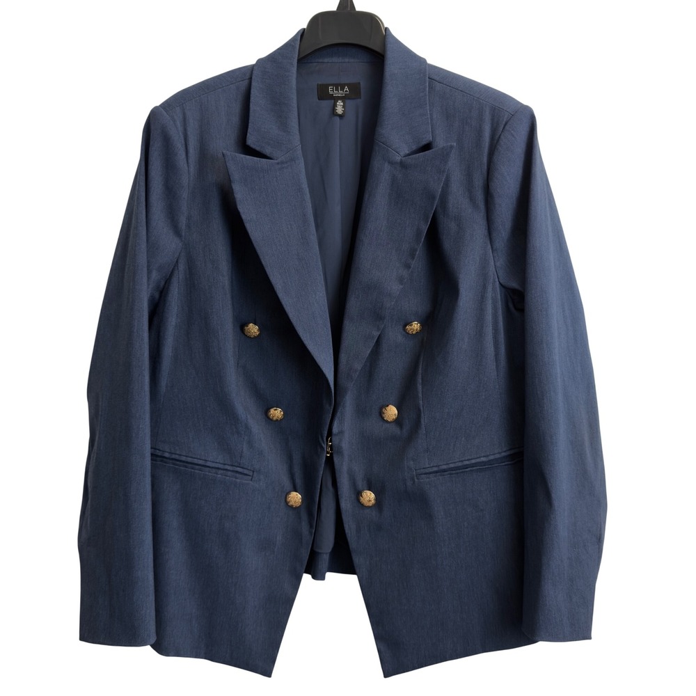 Ella Rafaella Blue Double Breasted Gold Button Peak Lapel Blazer Jacket 1X